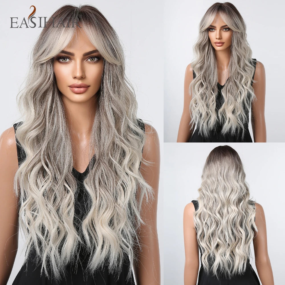 EASIHAIR Brown Mixed Blonde Synthetic Wigs with Bang Long Natural Wavy Hair Wig for Black Women Daily Cosplay Use Heat Resistant