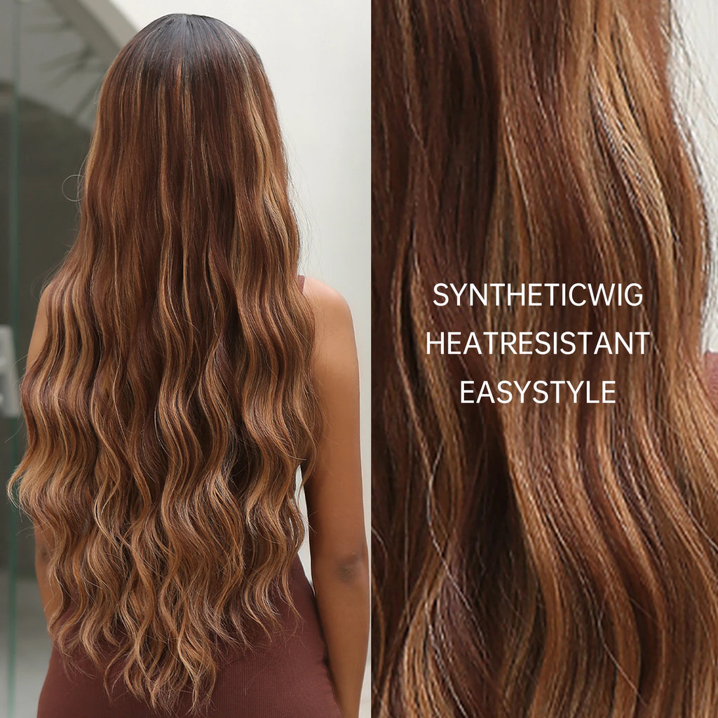 EASIHAIR Brown Mixed Blonde Synthetic Wigs with Bang Long Natural Wavy Hair Wig for Black Women Daily Cosplay Use Heat Resistant