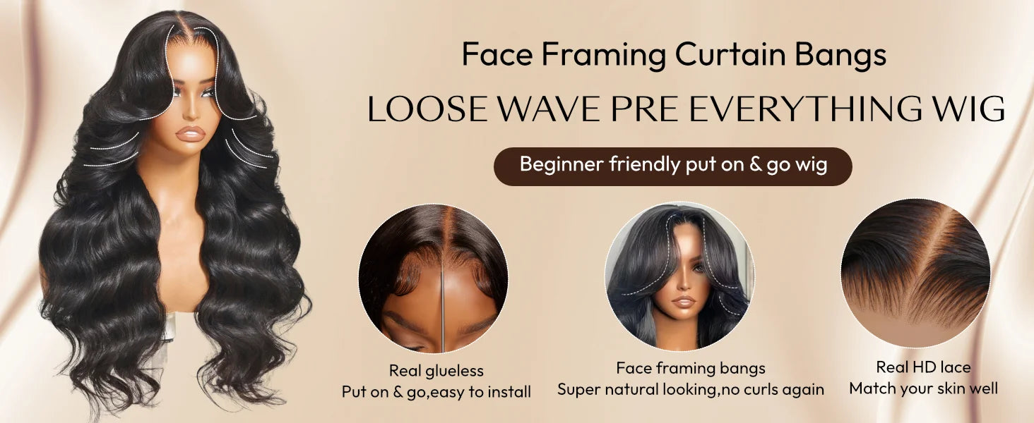Luna | Loose Wave HD Lace Front Wig with Curtain Bangs – 13x4 | Remy Human Hair | 16–24 Inch