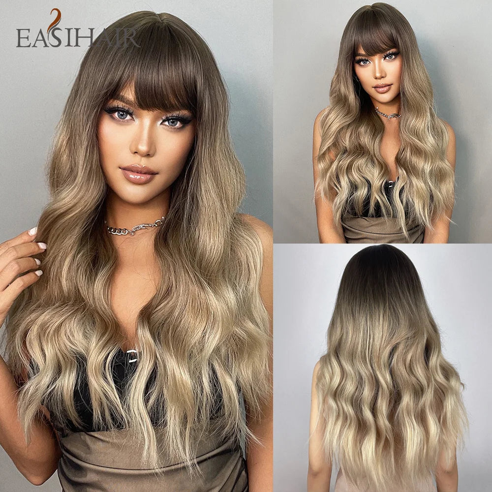 EASIHAIR Brown Mixed Blonde Synthetic Wigs with Bang Long Natural Wavy Hair Wig for Black Women Daily Cosplay Use Heat Resistant