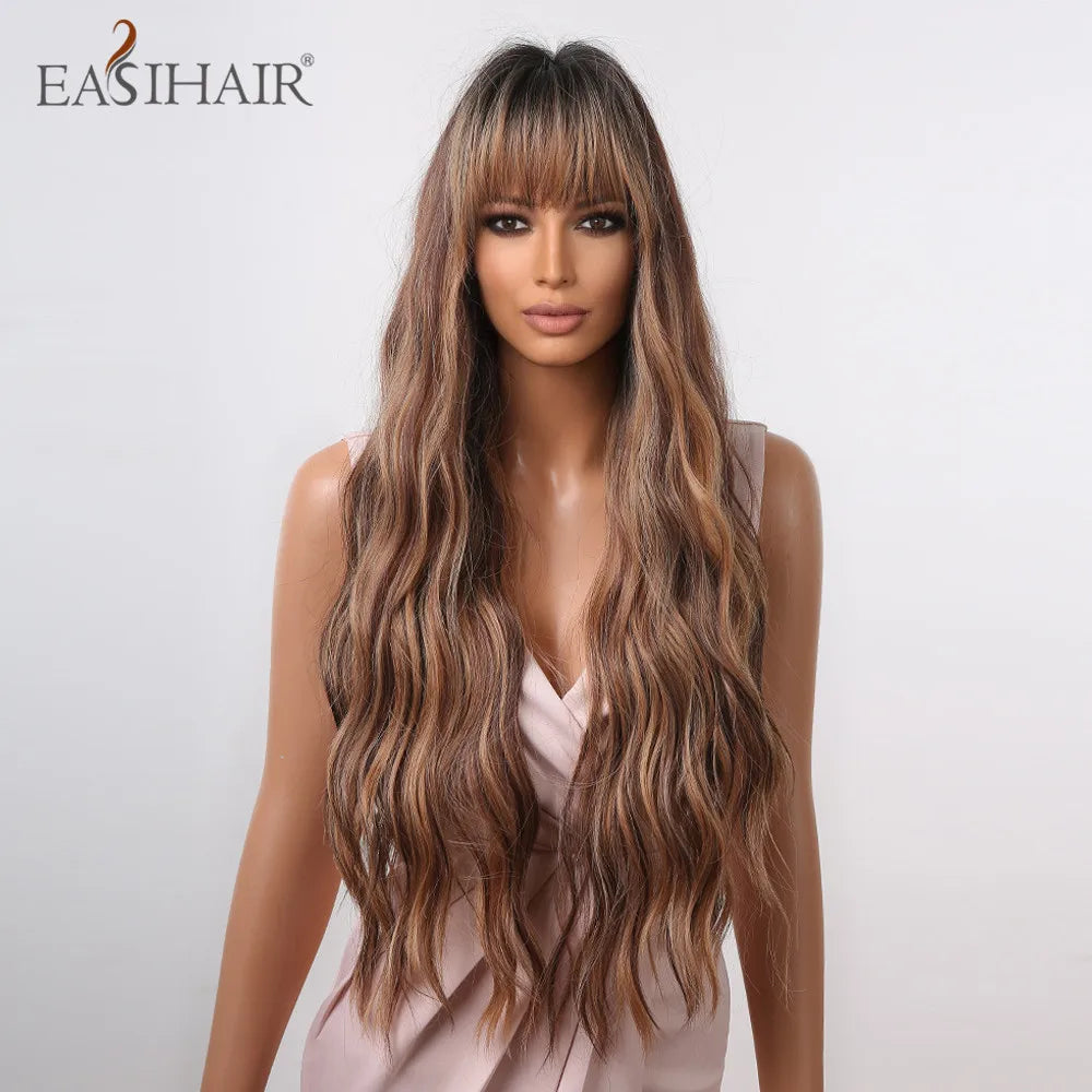 EASIHAIR Brown Mixed Blonde Synthetic Wigs with Bang Long Natural Wavy Hair Wig for Black Women Daily Cosplay Use Heat Resistant