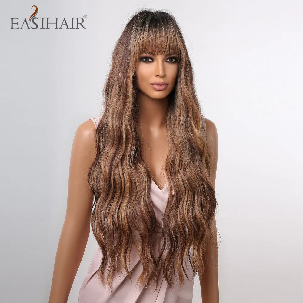 EASIHAIR Brown Mixed Blonde Synthetic Wigs with Bang Long Natural Wavy Hair Wig for Black Women Daily Cosplay Use Heat Resistant