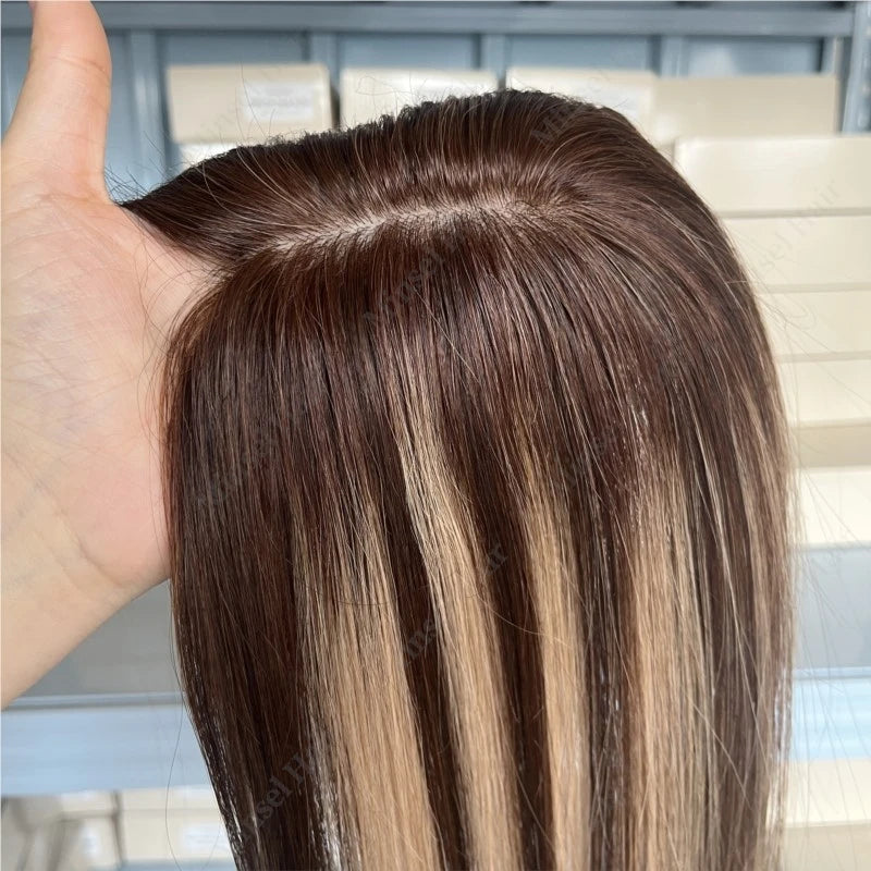 Ombré | Balayage Straight Human Hair Topper – 7x11cm PU Base | Clip-In | Indian Remy | 12–14 Inch