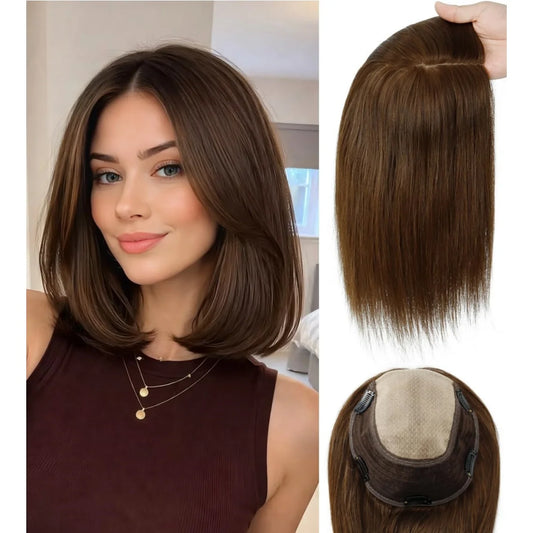Crown | Straight Human Hair Topper – 7.5x7.5 inch Silk Top Base | Free Part | 120% Density | Remy | 12–18 Inch