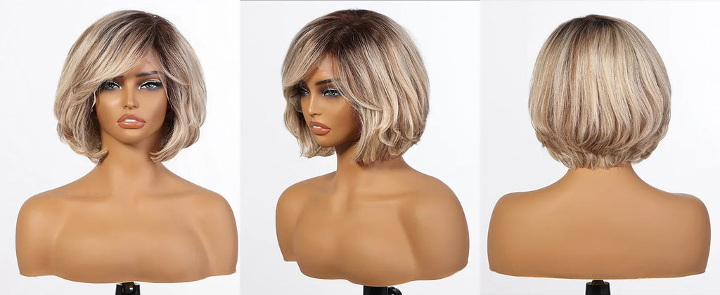 Dusk | Short Layered Wavy Bob Remy Human Hair Wig with Bangs – Blonde Highlights & Dark Roots | 12 Inch
