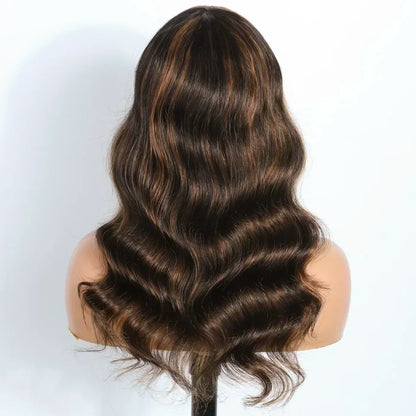 Maple | P4-30-27 Highlight Ombre Body Wave Wig with Bangs – Glueless | 180% Density | Peruvian Remy Hair | 12–26 Inch