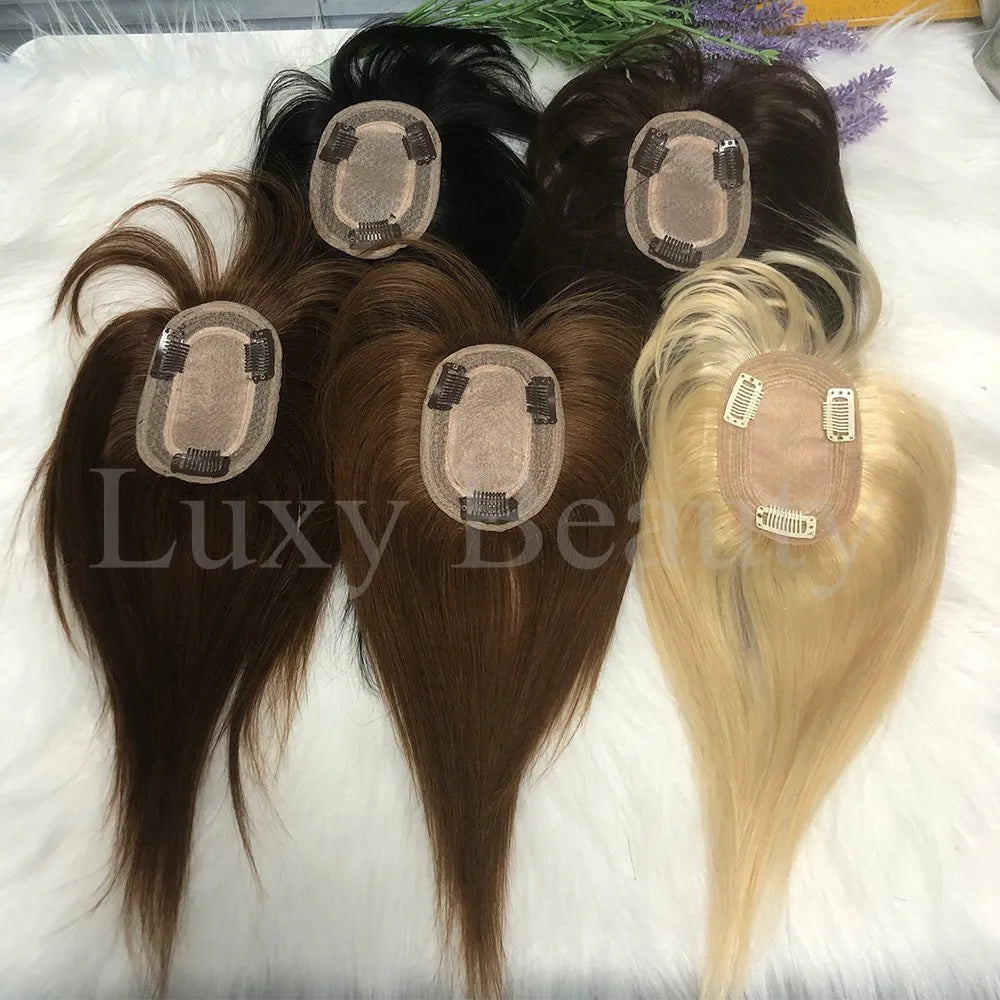 Velvet | Straight Human Hair Topper with Bangs – 8x12cm Base | Clip-In | Natural Black, Brown & Blonde