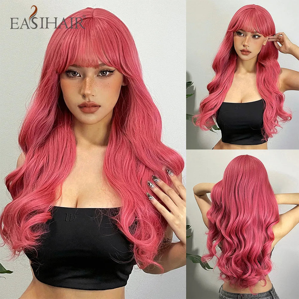 EASIHAIR Brown Mixed Blonde Synthetic Wigs with Bang Long Natural Wavy Hair Wig for Black Women Daily Cosplay Use Heat Resistant