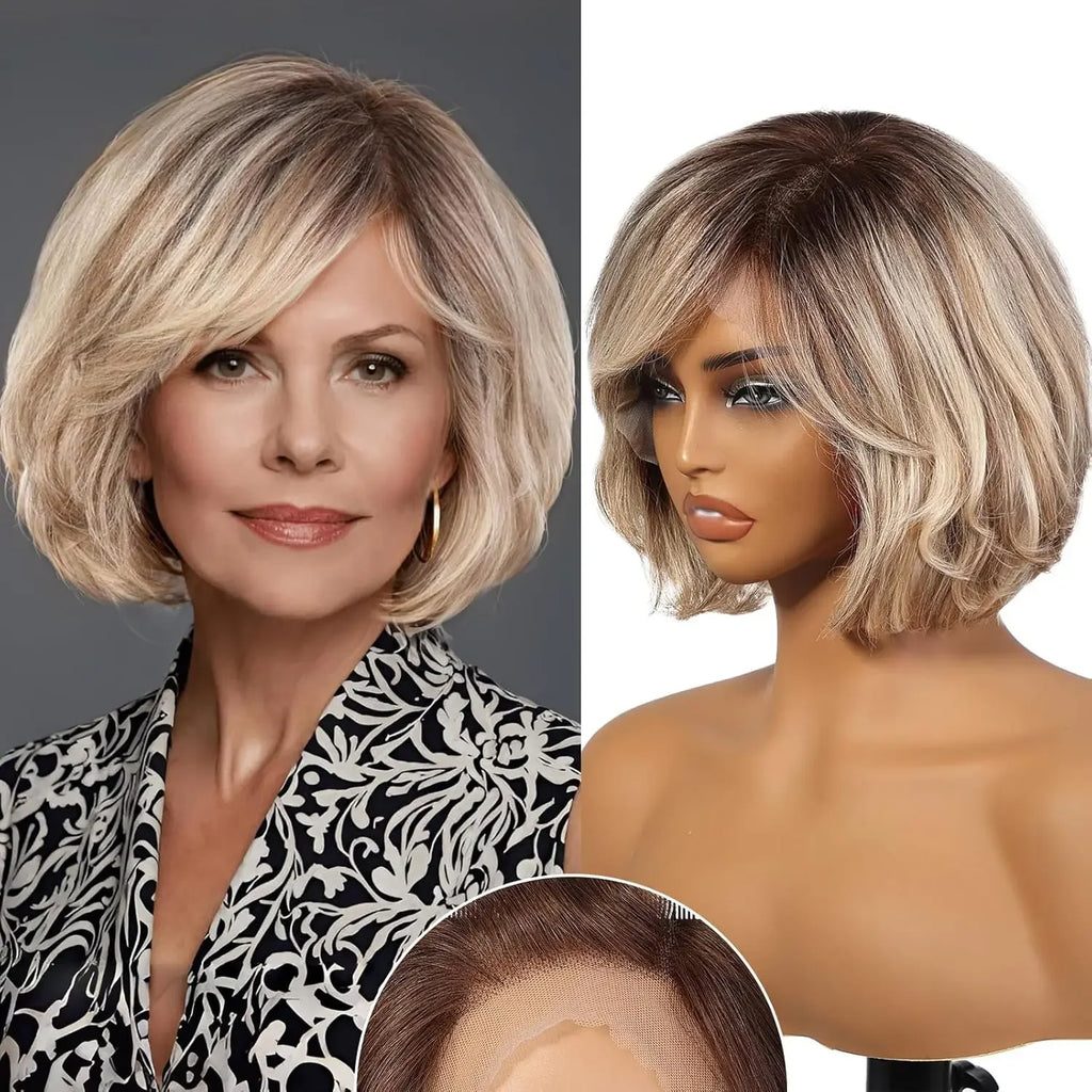 Dusk | Short Layered Wavy Bob Remy Human Hair Wig with Bangs – Blonde Highlights & Dark Roots | 12 Inch