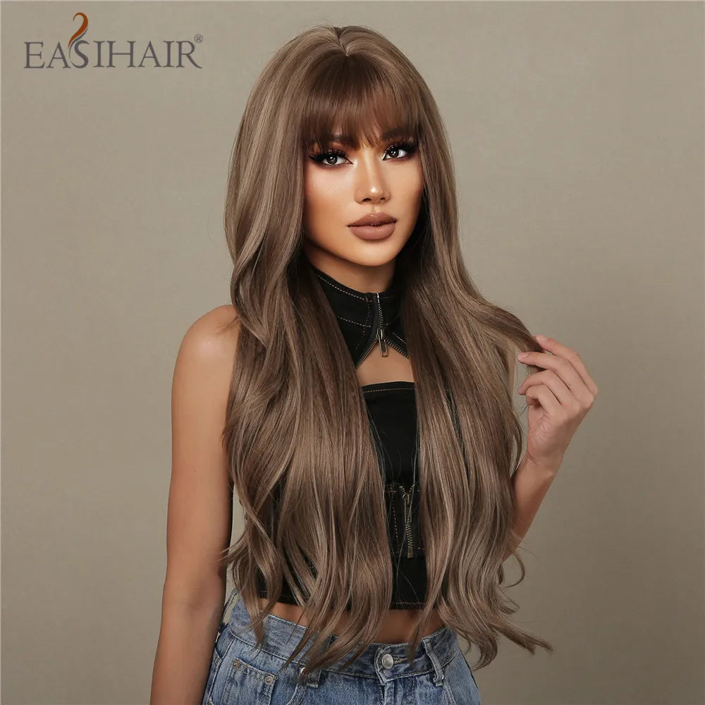 EASIHAIR Brown Mixed Blonde Synthetic Wigs with Bang Long Natural Wavy Hair Wig for Black Women Daily Cosplay Use Heat Resistant