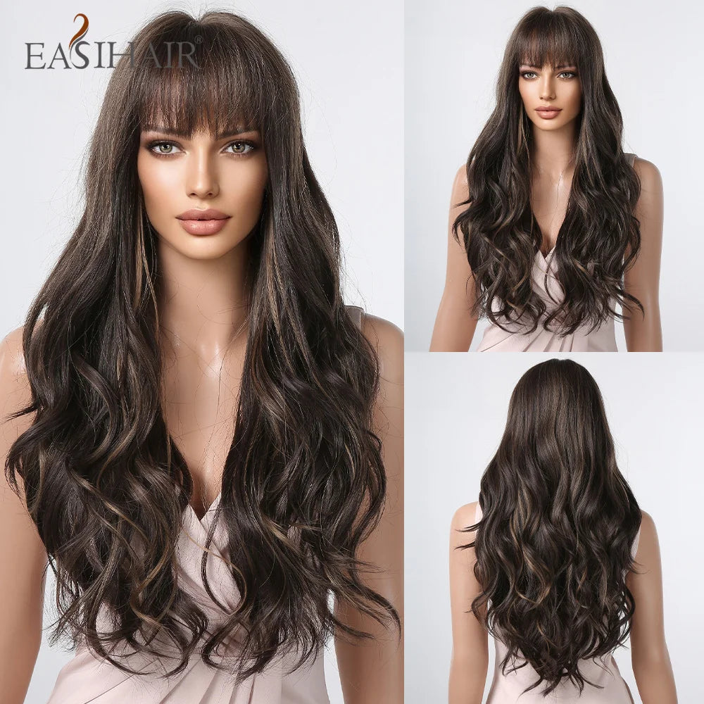 EASIHAIR Brown Mixed Blonde Synthetic Wigs with Bang Long Natural Wavy Hair Wig for Black Women Daily Cosplay Use Heat Resistant