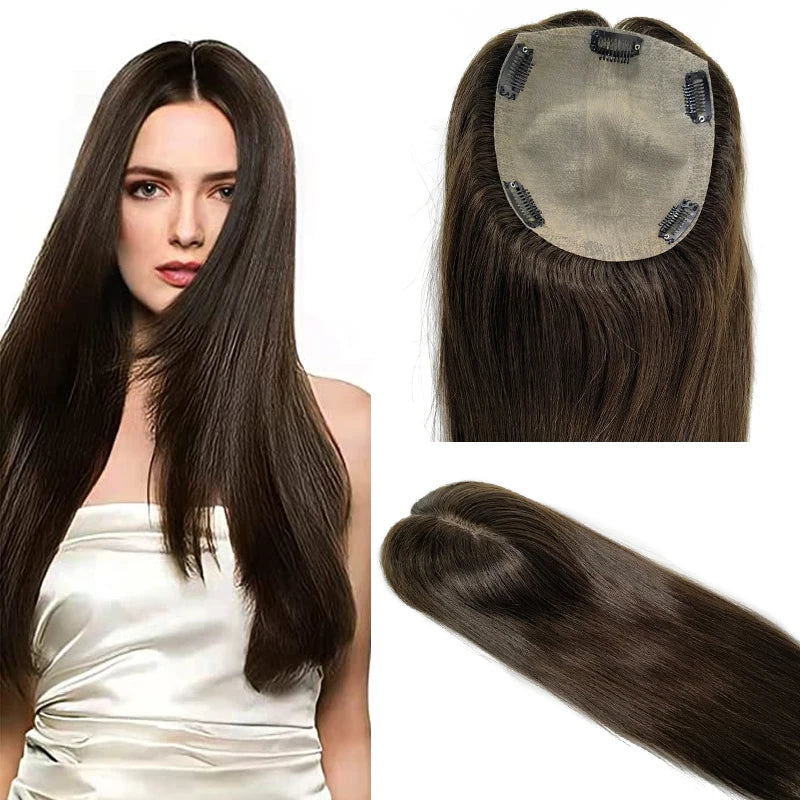 Silk | Straight Human Hair Topper – 15x16cm Silk Base | Clip-In | 130% Density | Free Part | 12–20 Inch