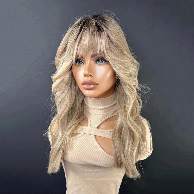 Fawn | Ash Blonde Body Wave Human Hair Wig with Bangs – Brazilian Remy 10A | 150–180% Density | 8–20 Inch