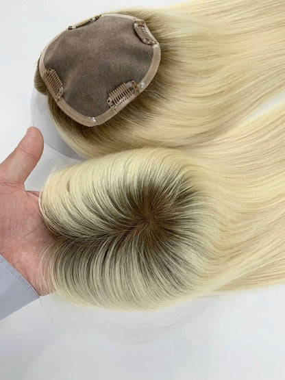 Monarch | Straight Human Hair Topper – Fine Mono Base | Center Part | 130% Density | European Remy | 14–16 Inch