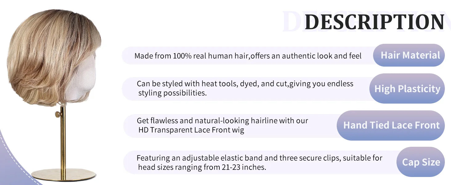 Dusk | Short Layered Wavy Bob Remy Human Hair Wig with Bangs – Blonde Highlights & Dark Roots | 12 Inch