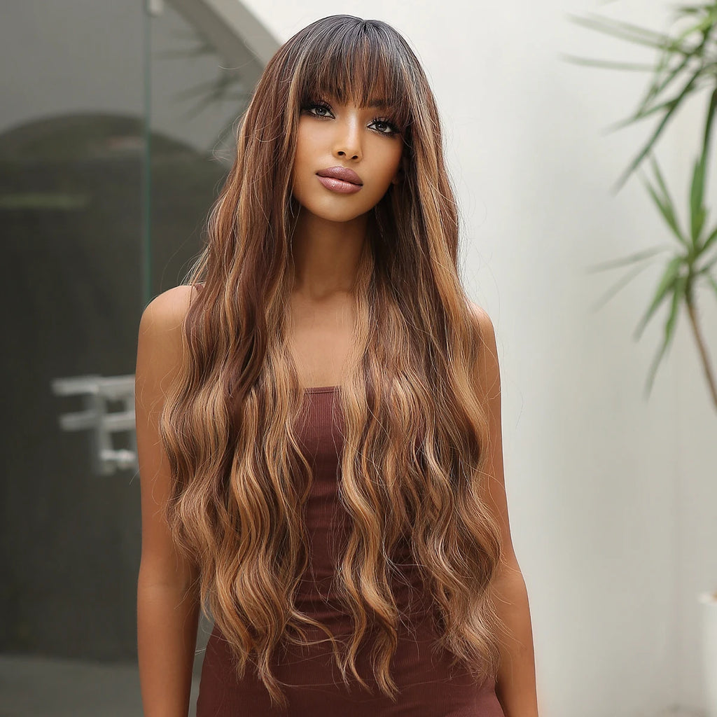 EASIHAIR Brown Mixed Blonde Synthetic Wigs with Bang Long Natural Wavy Hair Wig for Black Women Daily Cosplay Use Heat Resistant