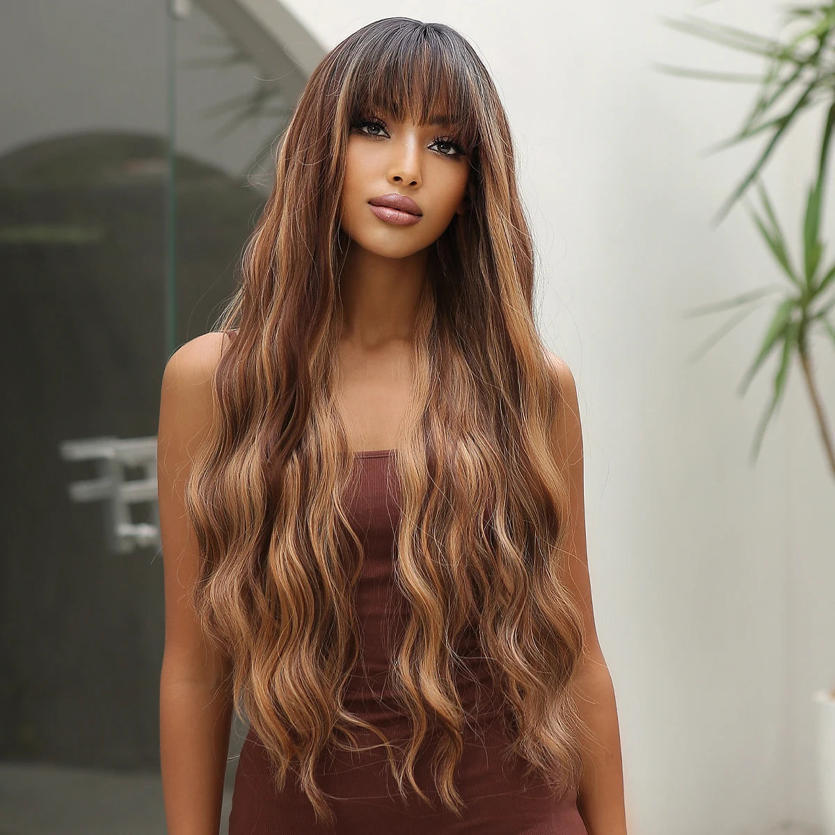EASIHAIR Brown Mixed Blonde Synthetic Wigs with Bang Long Natural Wavy Hair Wig for Black Women Daily Cosplay Use Heat Resistant
