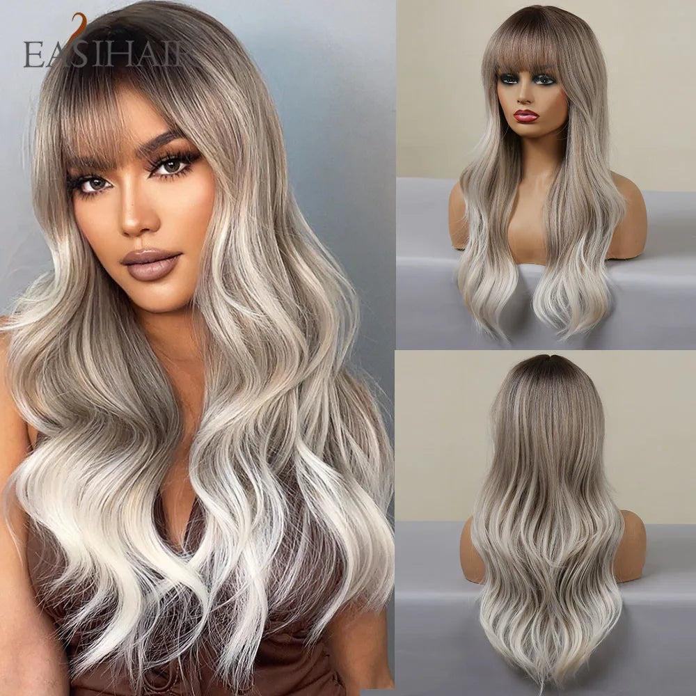 EASIHAIR Brown Mixed Blonde Synthetic Wigs with Bang Long Natural Wavy Hair Wig for Black Women Daily Cosplay Use Heat Resistant