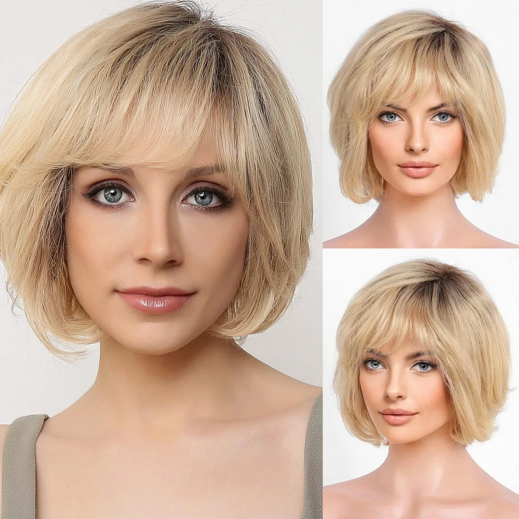 Hazel | Short Wavy Bob Remy Human Hair Lace Front Wig – Brown Blonde Ombre