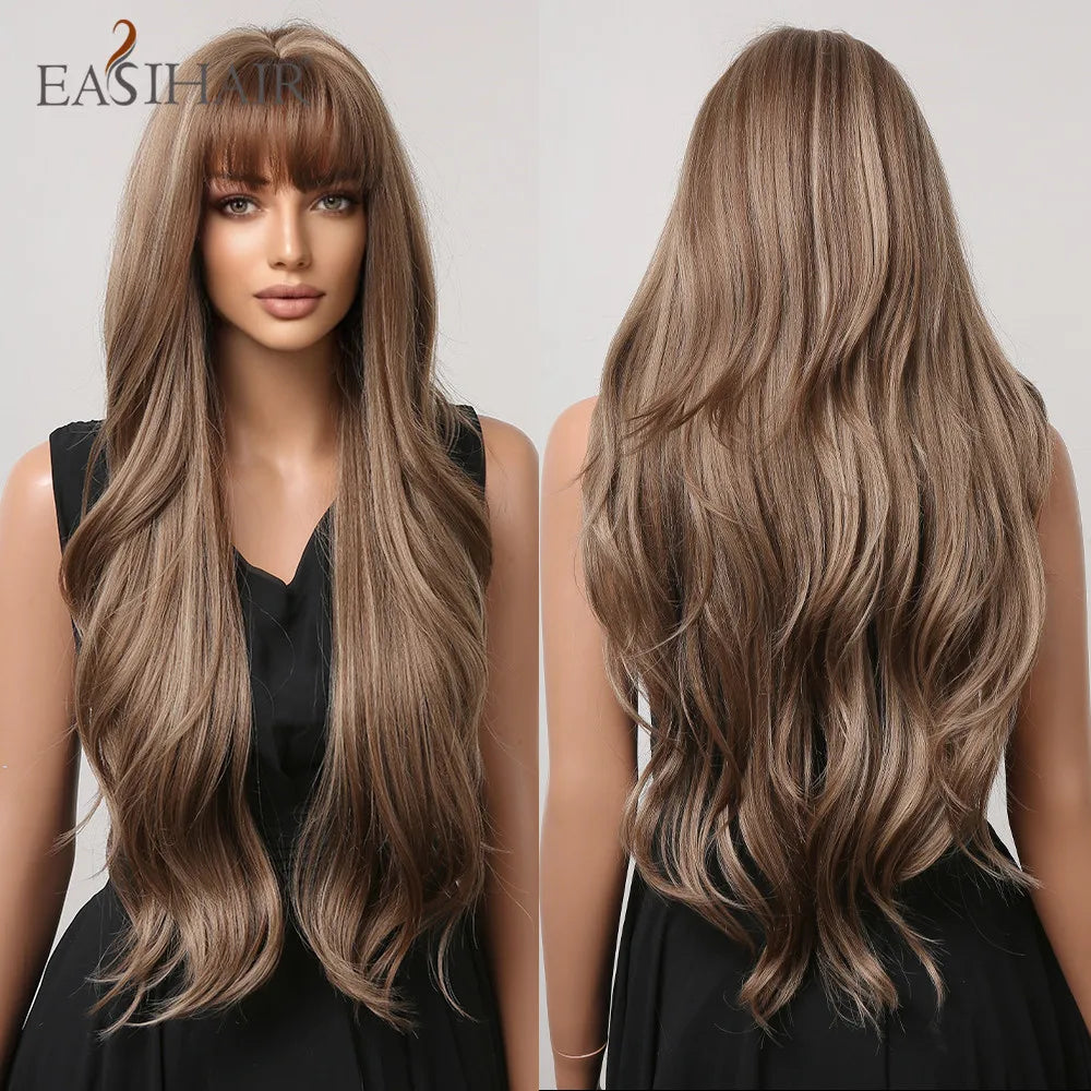 EASIHAIR Brown Mixed Blonde Synthetic Wigs with Bang Long Natural Wavy Hair Wig for Black Women Daily Cosplay Use Heat Resistant