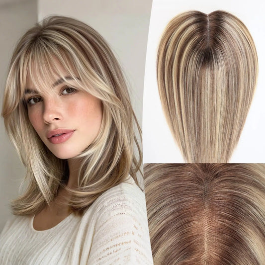 Dusk | Ombré Brown & Blonde Human Hair Topper – 5x6 inch Swiss Lace Base | 3-Clip | Remy | 12 Inch