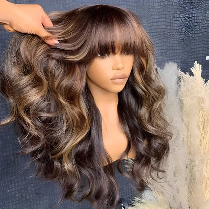 Maple | P4-30-27 Highlight Ombre Body Wave Wig with Bangs – Glueless | 180% Density | Peruvian Remy Hair | 12–26 Inch