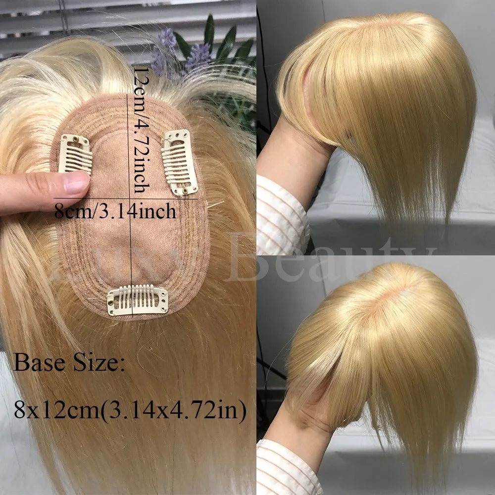 Velvet | Straight Human Hair Topper with Bangs – 8x12cm Base | Clip-In | Natural Black, Brown & Blonde