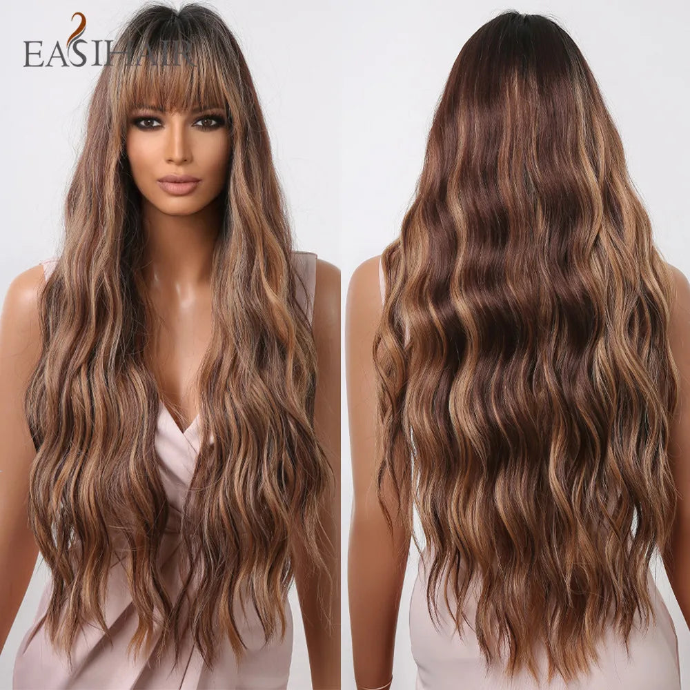 EASIHAIR Brown Mixed Blonde Synthetic Wigs with Bang Long Natural Wavy Hair Wig for Black Women Daily Cosplay Use Heat Resistant