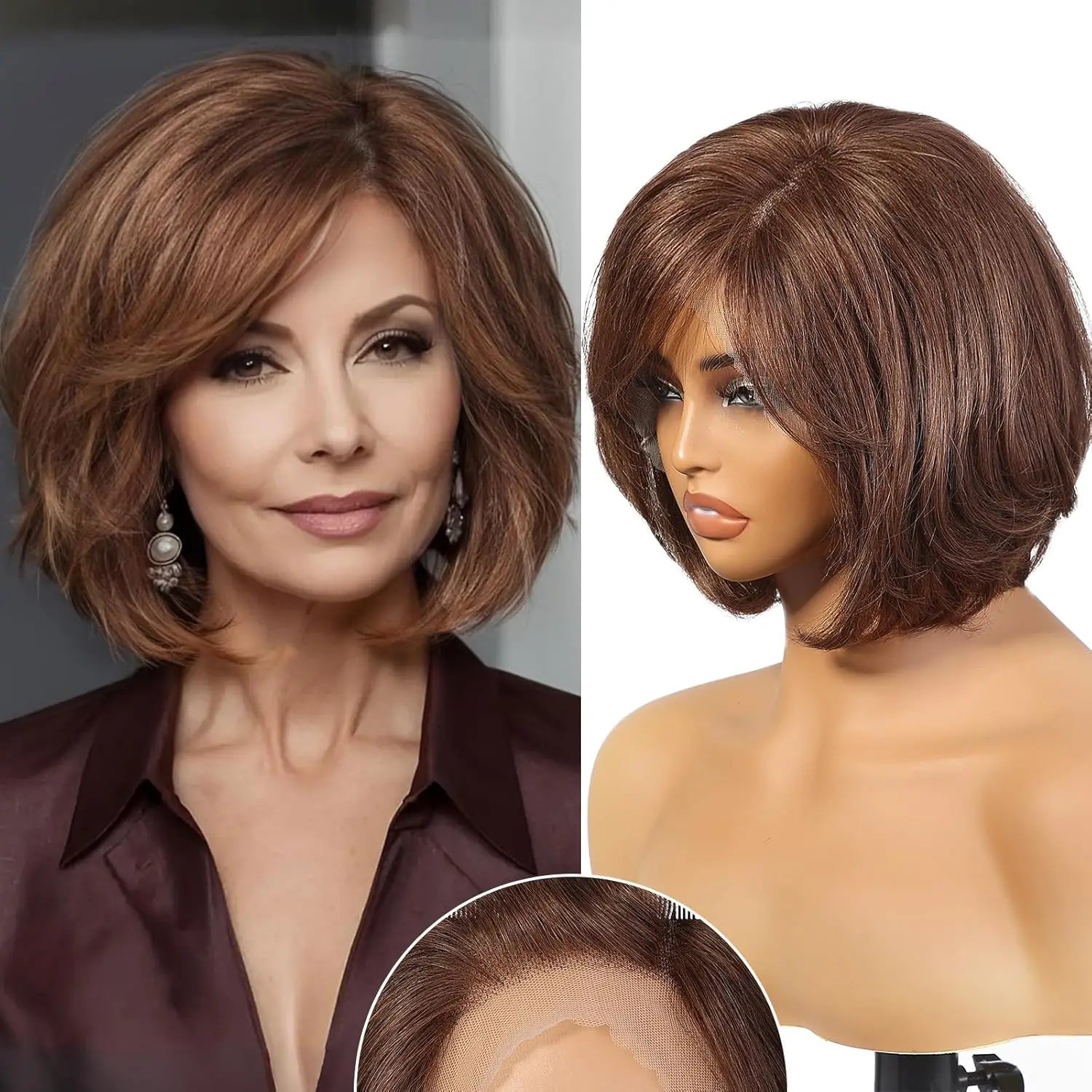 Dusk | Short Layered Wavy Bob Remy Human Hair Wig with Bangs – Blonde Highlights & Dark Roots | 12 Inch
