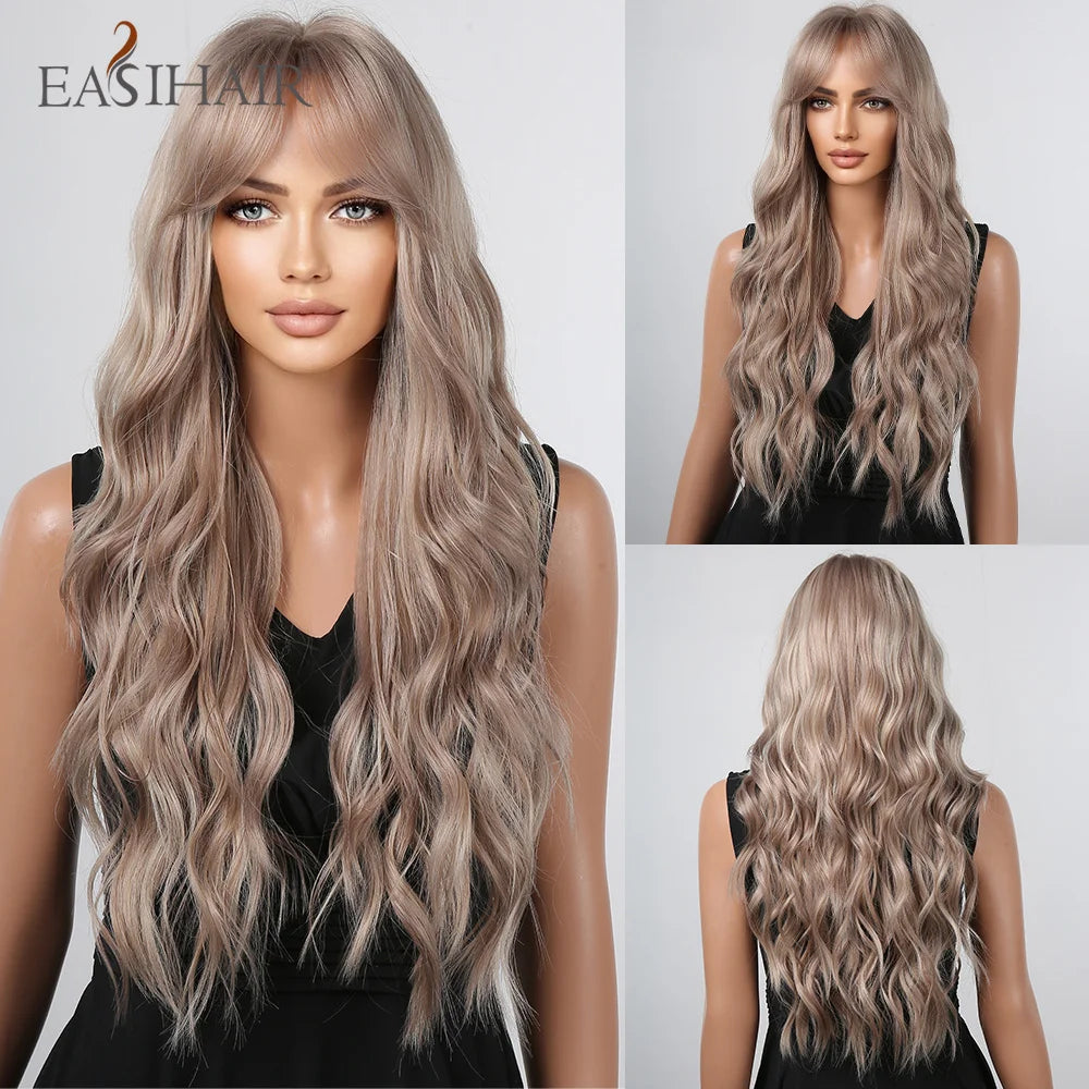 EASIHAIR Brown Mixed Blonde Synthetic Wigs with Bang Long Natural Wavy Hair Wig for Black Women Daily Cosplay Use Heat Resistant