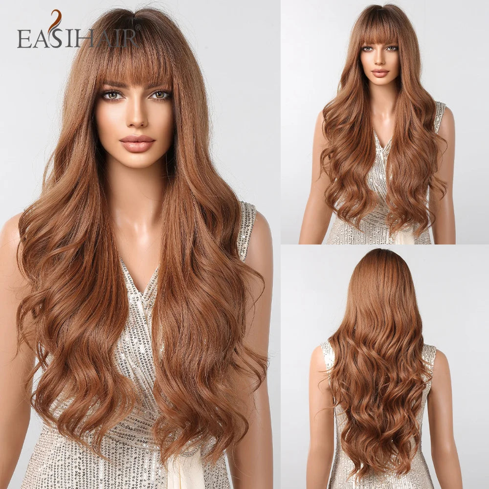 EASIHAIR Brown Mixed Blonde Synthetic Wigs with Bang Long Natural Wavy Hair Wig for Black Women Daily Cosplay Use Heat Resistant