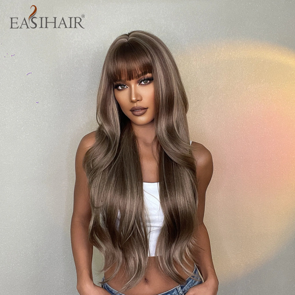 EASIHAIR Brown Mixed Blonde Synthetic Wigs with Bang Long Natural Wavy Hair Wig for Black Women Daily Cosplay Use Heat Resistant