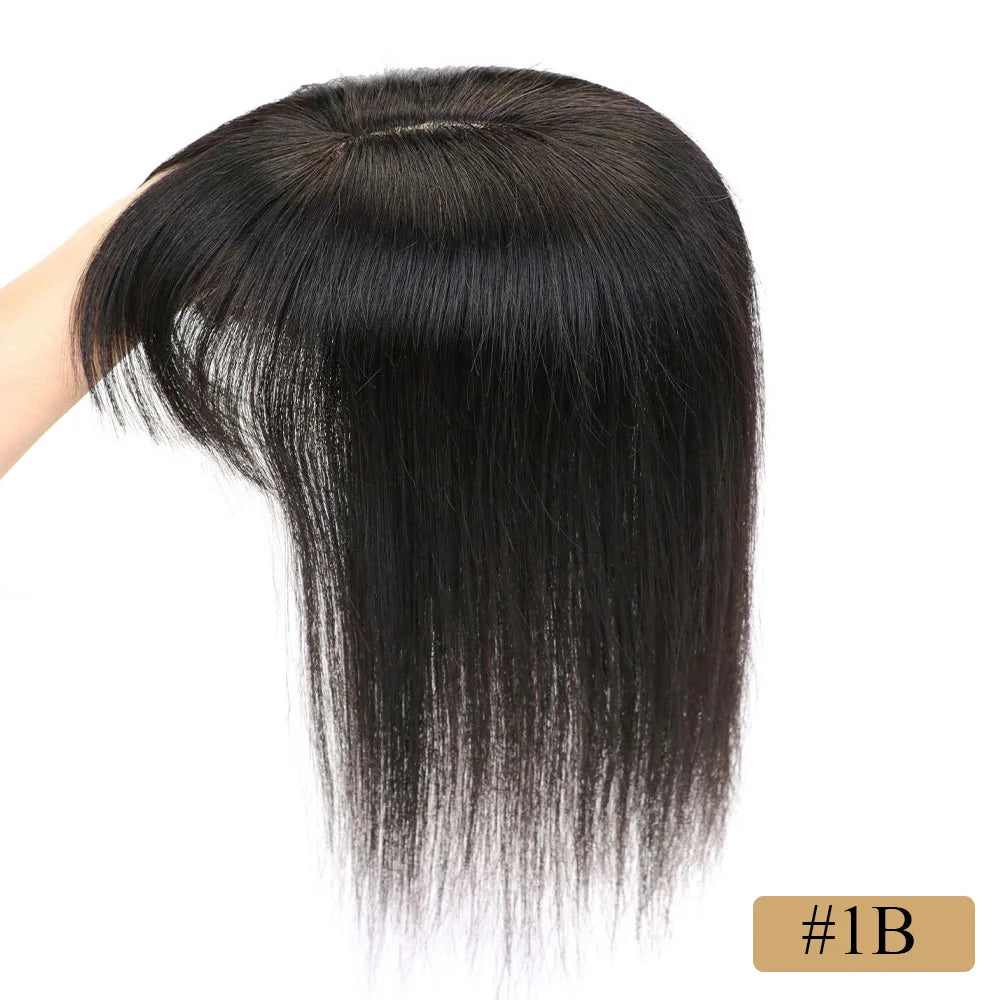 Velvet | Straight Human Hair Topper with Bangs – 8x12cm Base | Clip-In | Natural Black, Brown & Blonde