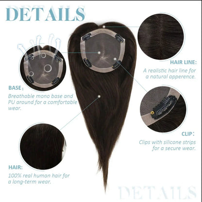 Monarch | Straight Human Hair Topper – Fine Mono Base | Center Part | 130% Density | European Remy | 14–16 Inch