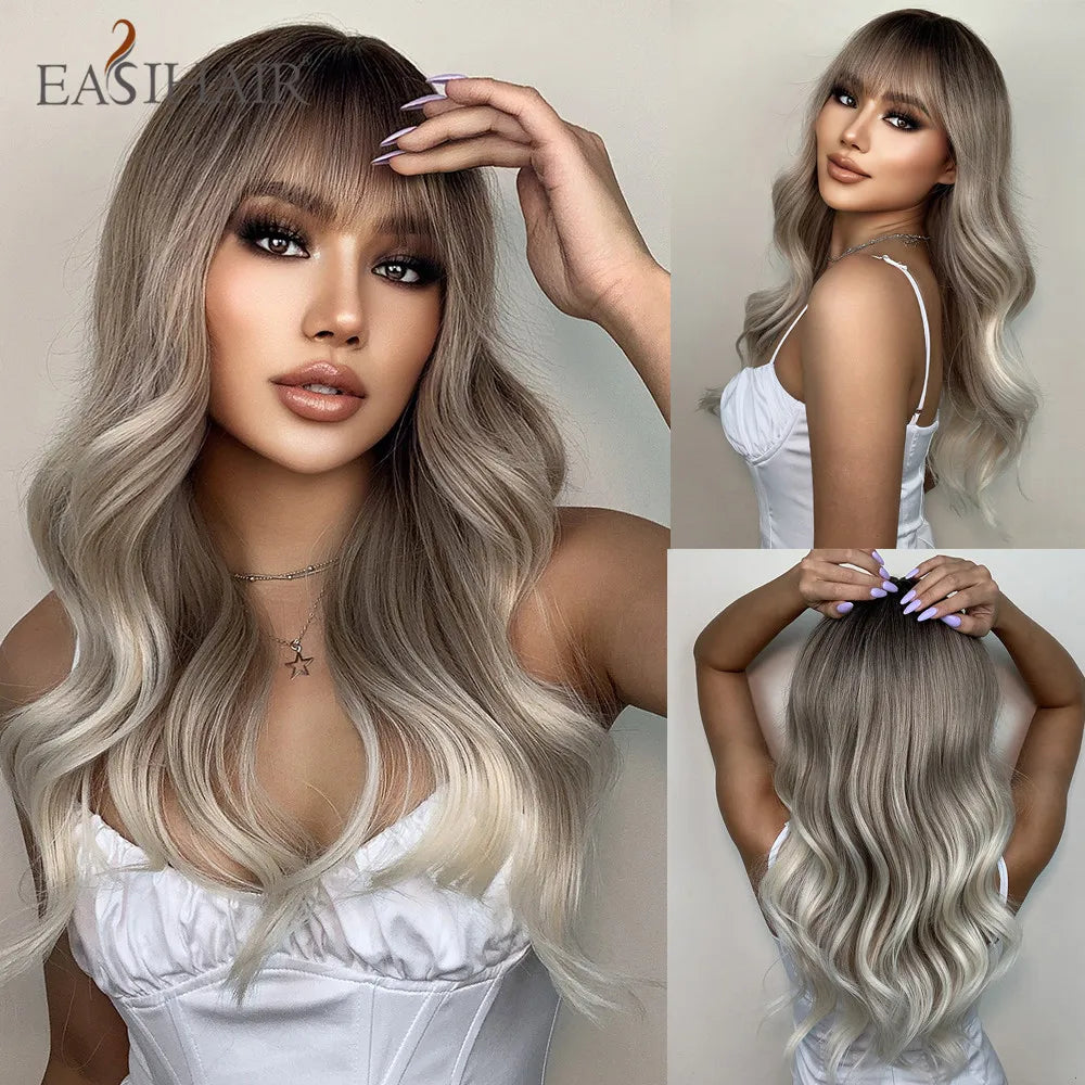 EASIHAIR Brown Mixed Blonde Synthetic Wigs with Bang Long Natural Wavy Hair Wig for Black Women Daily Cosplay Use Heat Resistant