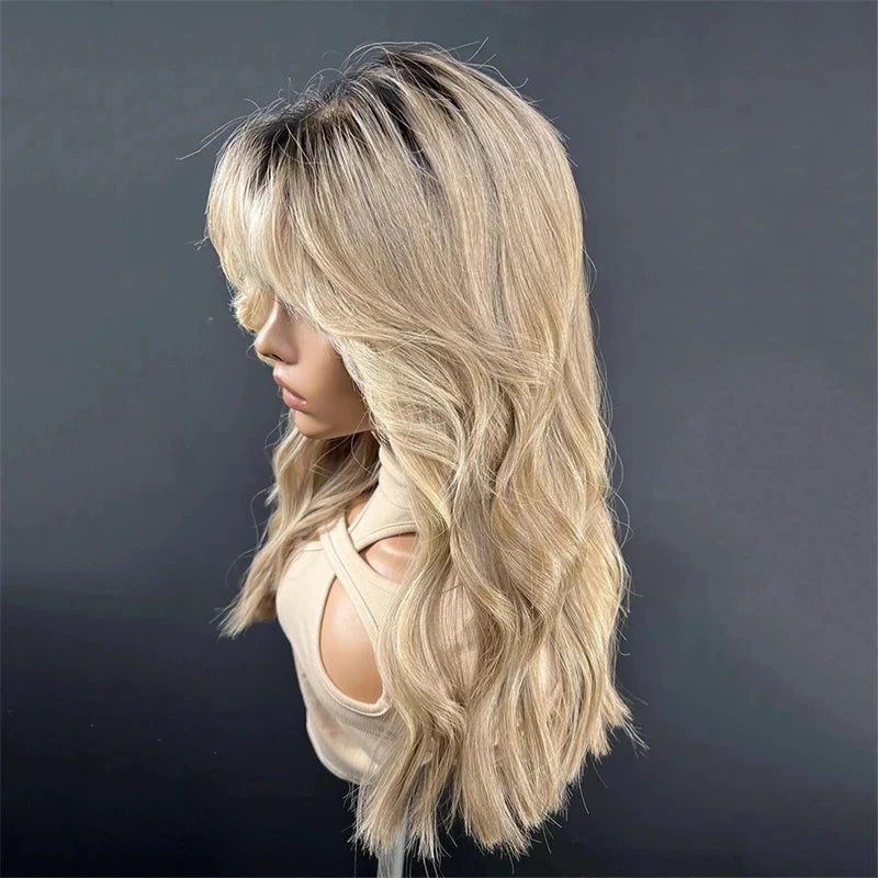 Fawn | Ash Blonde Body Wave Human Hair Wig with Bangs – Brazilian Remy 10A | 150–180% Density | 8–20 Inch