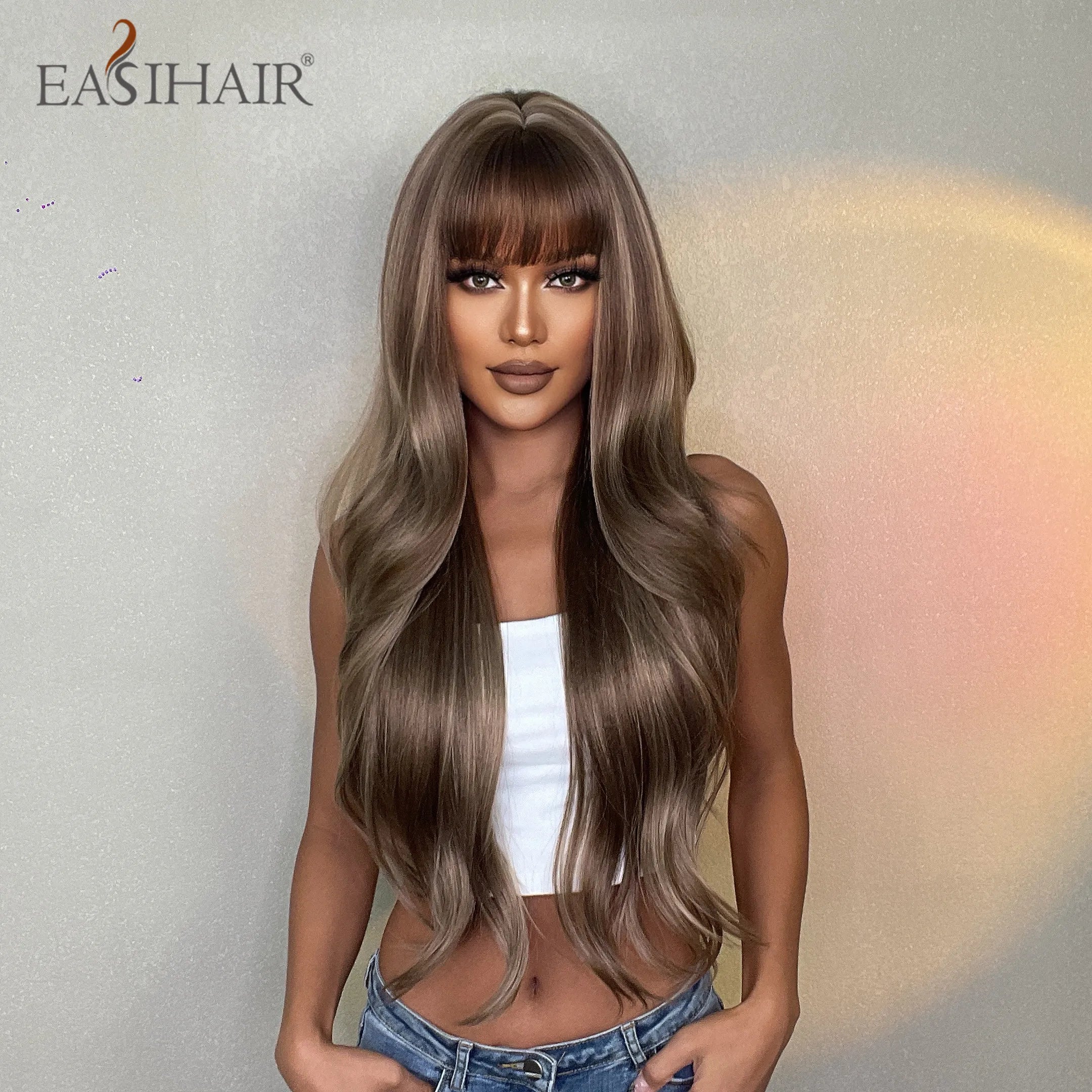 EASIHAIR Brown Mixed Blonde Synthetic Wigs with Bang Long Natural Wavy Hair Wig for Black Women Daily Cosplay Use Heat Resistant