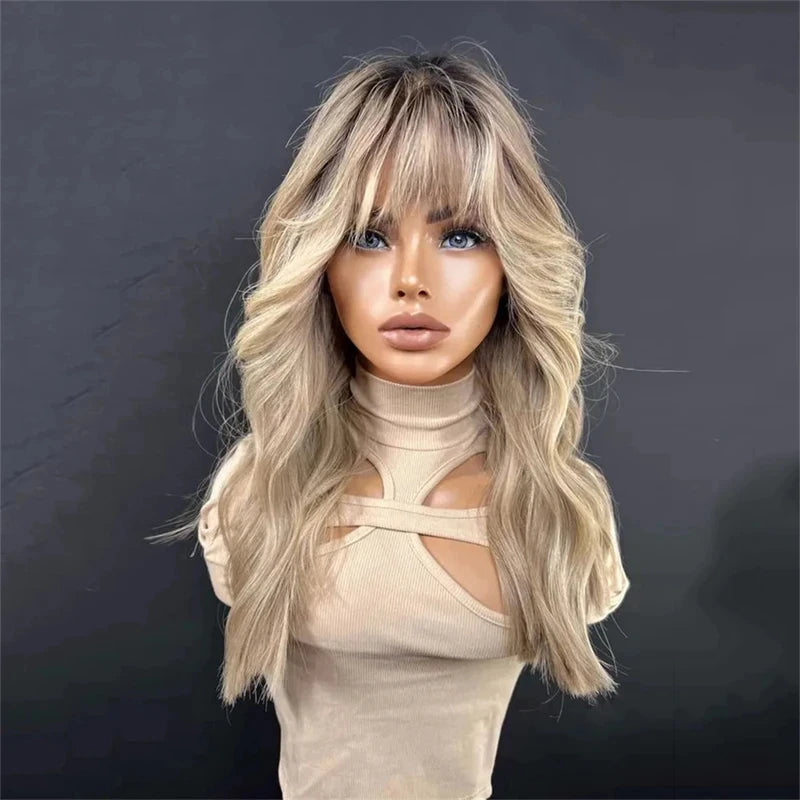 Fawn | Ash Blonde Body Wave Human Hair Wig with Bangs – Brazilian Remy 10A | 150–180% Density | 8–20 Inch