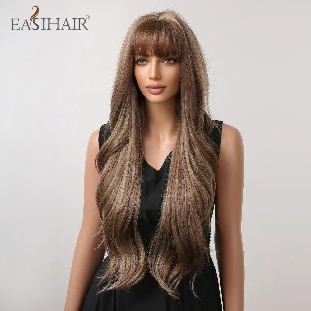 EASIHAIR Brown Mixed Blonde Synthetic Wigs with Bang Long Natural Wavy Hair Wig for Black Women Daily Cosplay Use Heat Resistant