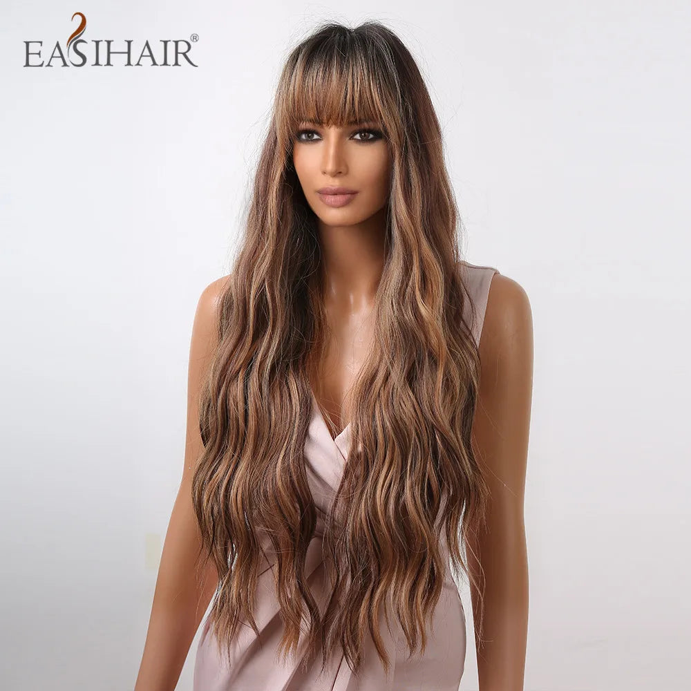 EASIHAIR Brown Mixed Blonde Synthetic Wigs with Bang Long Natural Wavy Hair Wig for Black Women Daily Cosplay Use Heat Resistant