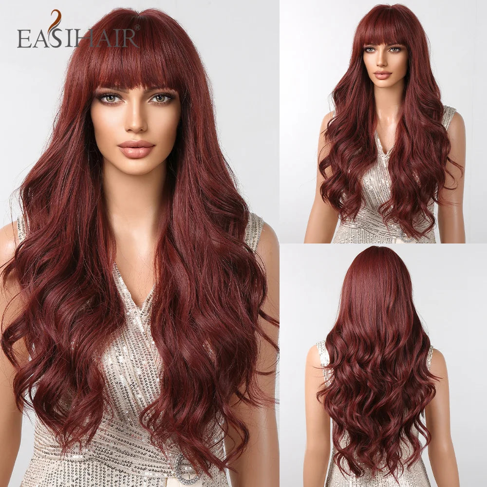 EASIHAIR Brown Mixed Blonde Synthetic Wigs with Bang Long Natural Wavy Hair Wig for Black Women Daily Cosplay Use Heat Resistant