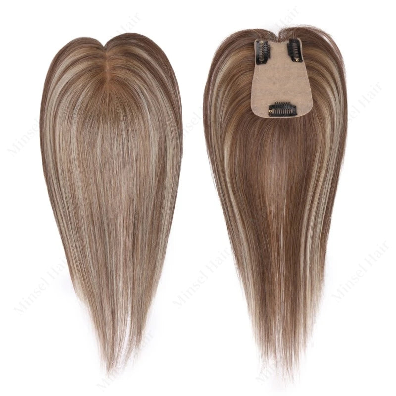 Ombré | Balayage Straight Human Hair Topper – 7x11cm PU Base | Clip-In | Indian Remy | 12–14 Inch
