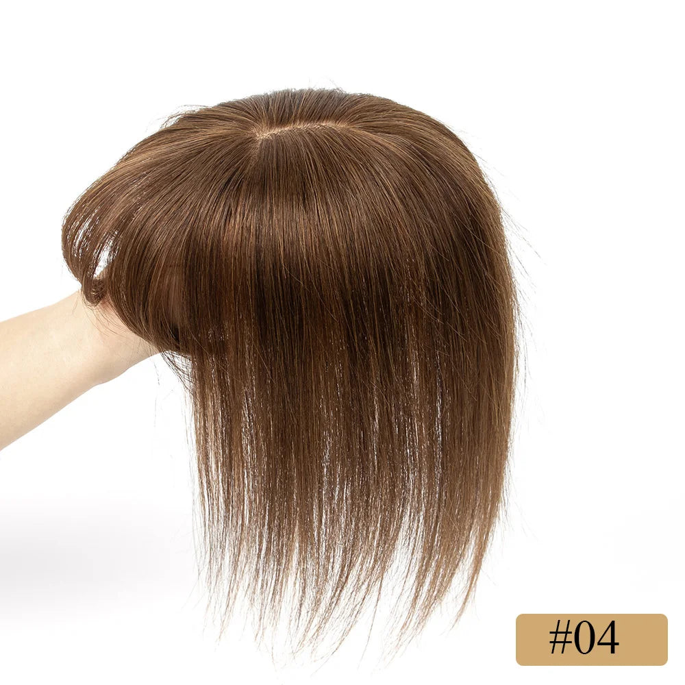 Velvet | Straight Human Hair Topper with Bangs – 8x12cm Base | Clip-In | Natural Black, Brown & Blonde