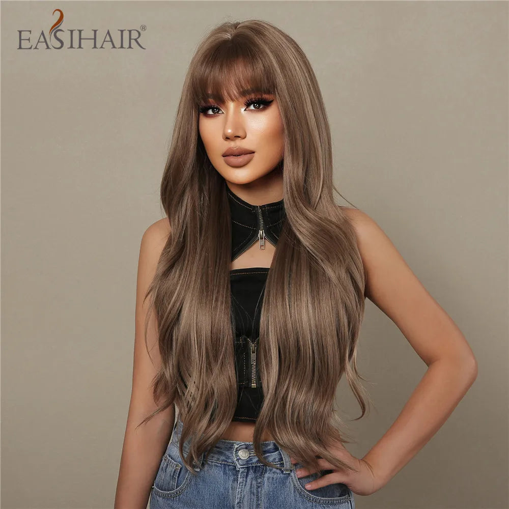 EASIHAIR Brown Mixed Blonde Synthetic Wigs with Bang Long Natural Wavy Hair Wig for Black Women Daily Cosplay Use Heat Resistant