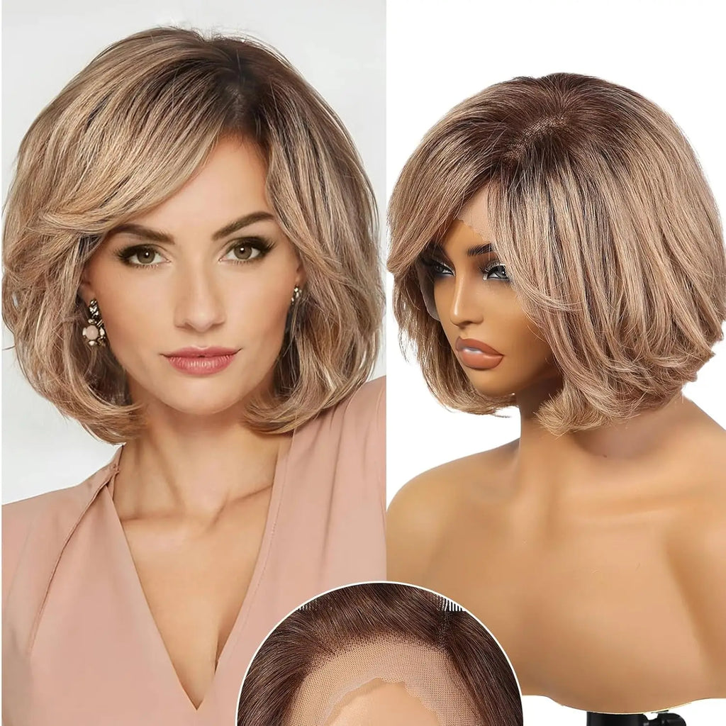 Dusk | Short Layered Wavy Bob Remy Human Hair Wig with Bangs – Blonde Highlights & Dark Roots | 12 Inch