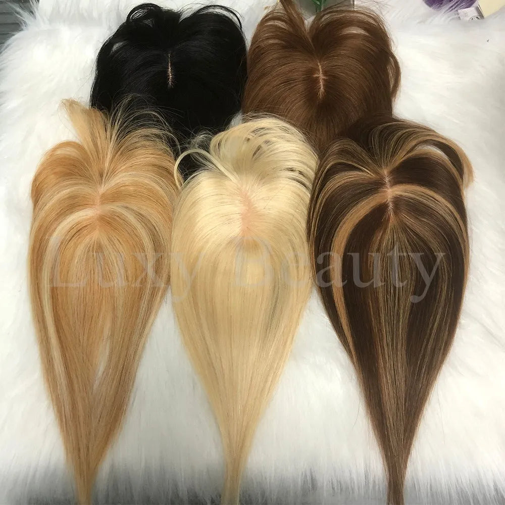 Velvet | Straight Human Hair Topper with Bangs – 8x12cm Base | Clip-In | Natural Black, Brown & Blonde