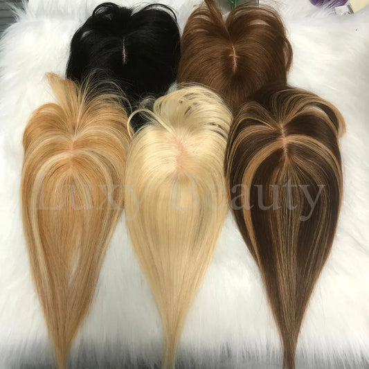 Velvet | Straight Human Hair Topper with Bangs – 8x12cm Base | Clip-In | Natural Black, Brown & Blonde