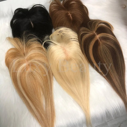 Velvet | Straight Human Hair Topper with Bangs – 8x12cm Base | Clip-In | Natural Black, Brown & Blonde