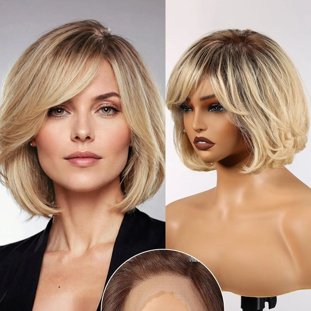 Dusk | Short Layered Wavy Bob Remy Human Hair Wig with Bangs – Blonde Highlights & Dark Roots | 12 Inch