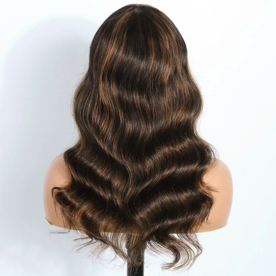 Maple | P4-30-27 Highlight Ombre Body Wave Wig with Bangs – Glueless | 180% Density | Peruvian Remy Hair | 12–26 Inch